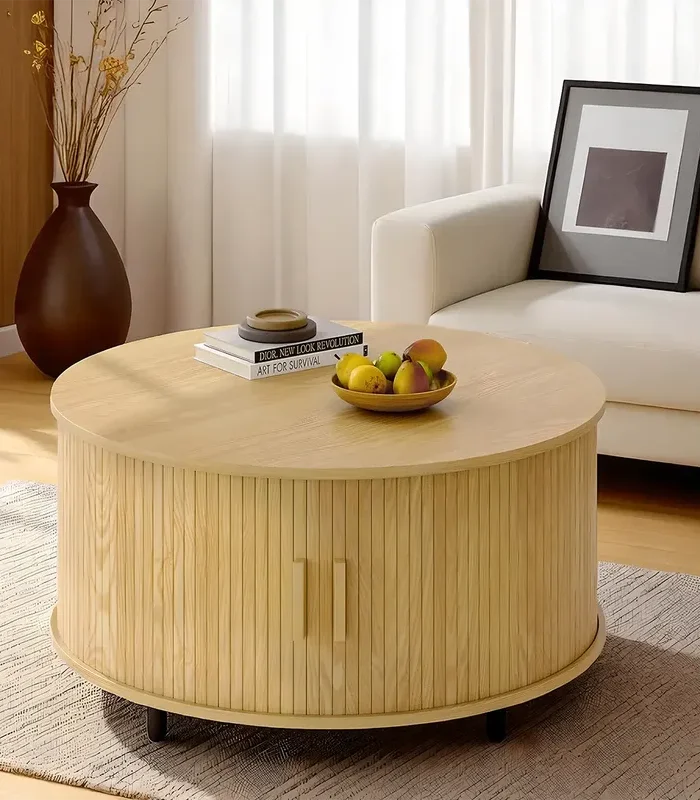 Round Solid Wood Coffee Table With Drawers Scandinavian Minimal