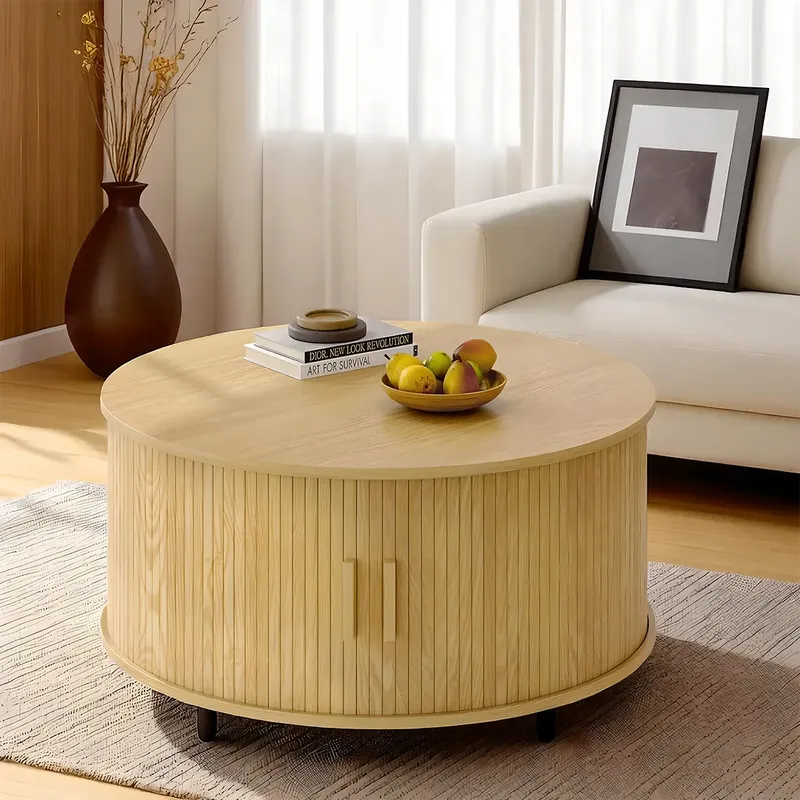 Round Solid Wood Coffee Table With Drawers Scandinavian Minimal
