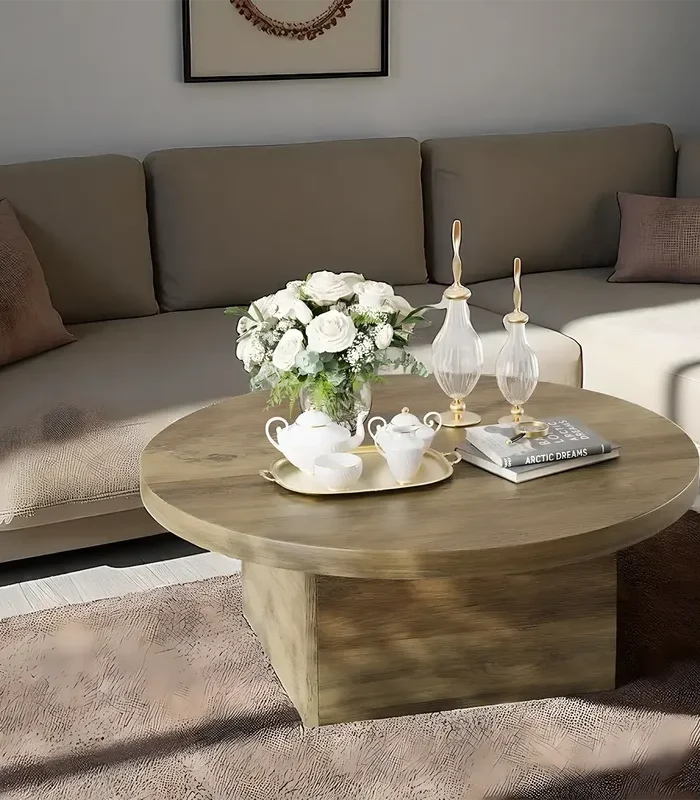 Round Solid Wood Coffee Table Nordic Design Box Leg Base