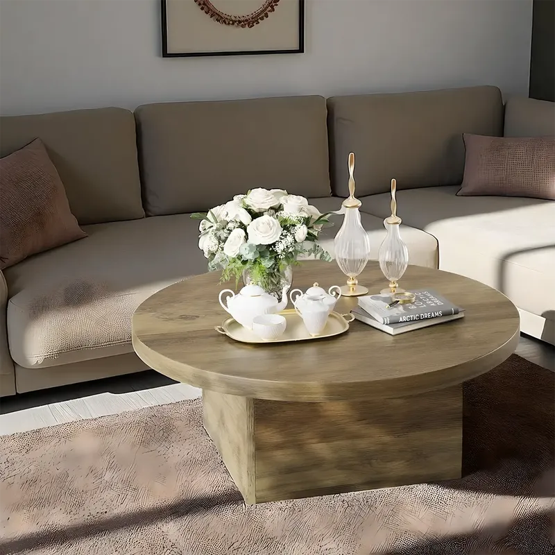 Round Solid Wood Coffee Table Nordic Design Box Leg Base
