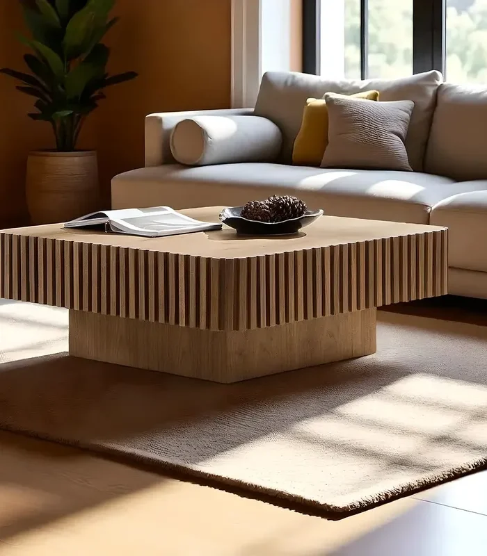 Wave Pattern Wood Coffee Table Artistic Light Look
