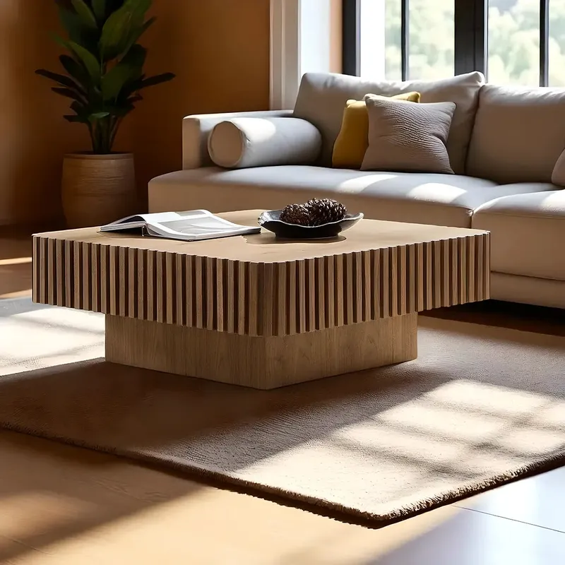 Wave Pattern Wood Coffee Table Artistic Light Look